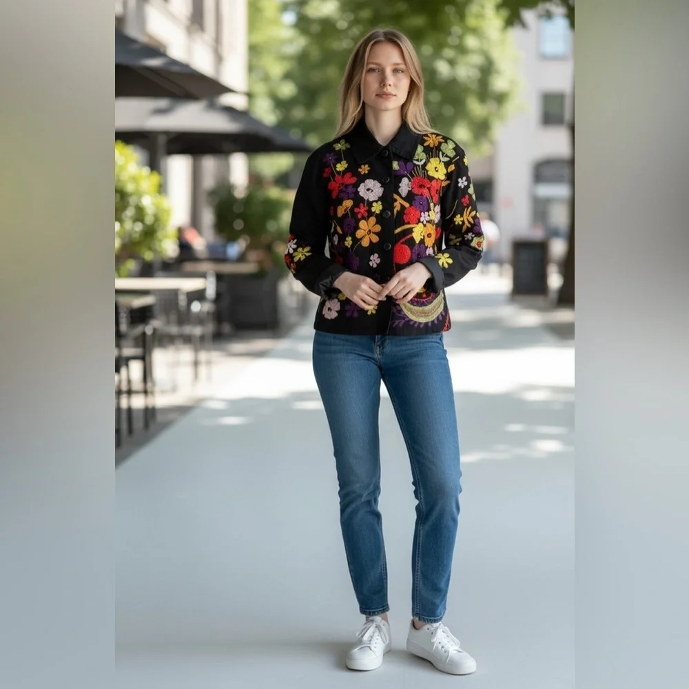 ANAGE Embroidered Floral Cotton Jacket Shirt | Size M